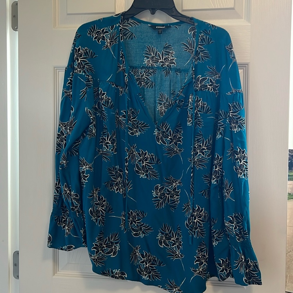 Express Teal Floral V-Neck Blouse